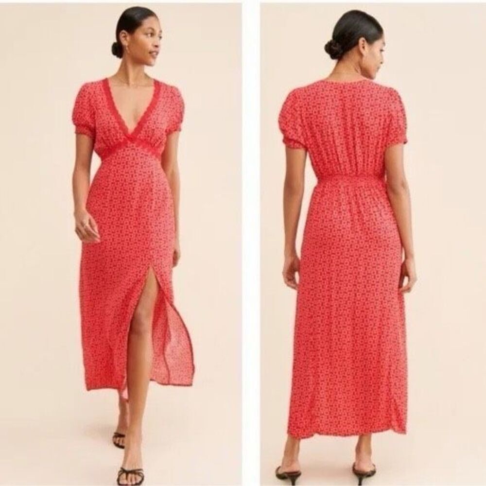 Free People Marley Geometric Red Maxi Midi Dress Lace Slit Puff Sleeve Size S